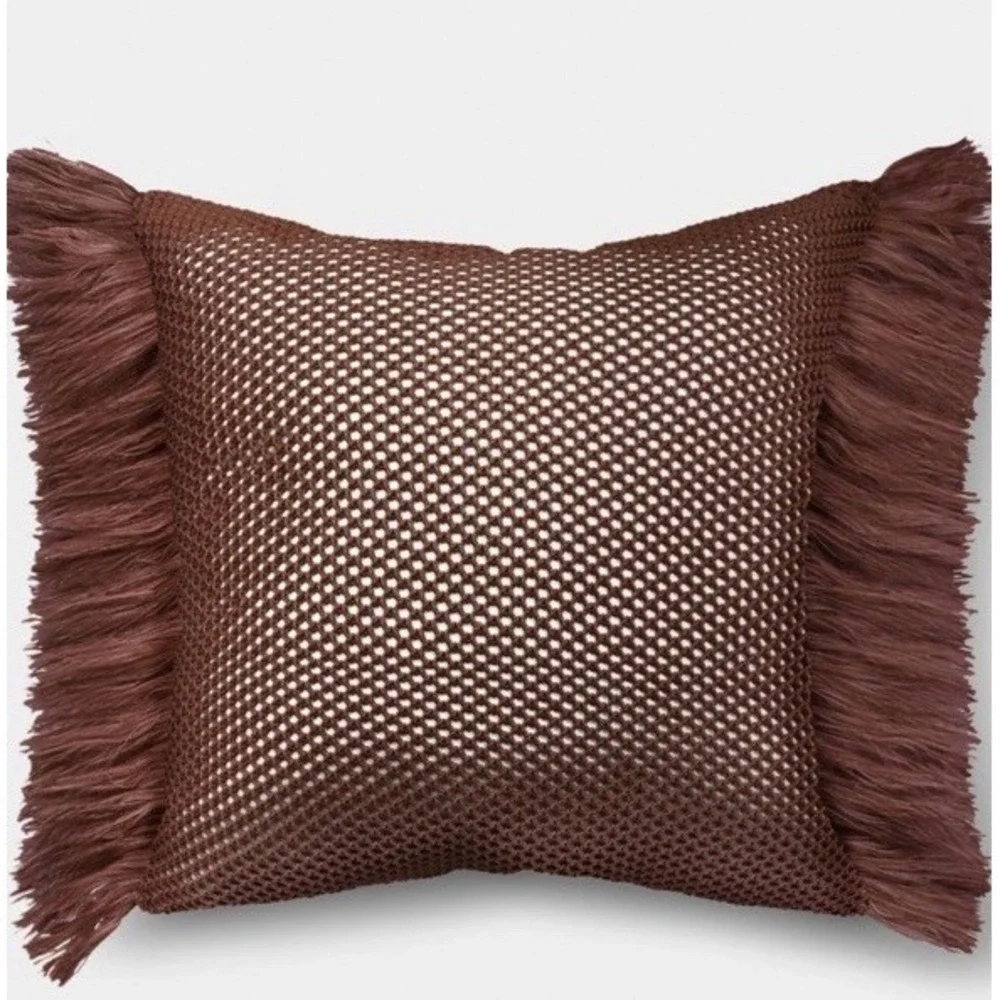 Faux Natural Knit Fringed Pillow - Threshold - Brown - Outdoor